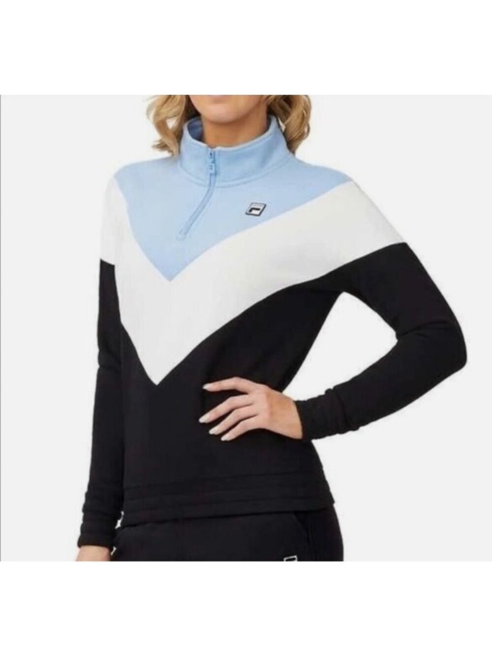 Fila Women Sweatshirt Large Chevron ¼ Zip Long Sleeve Blue Black White